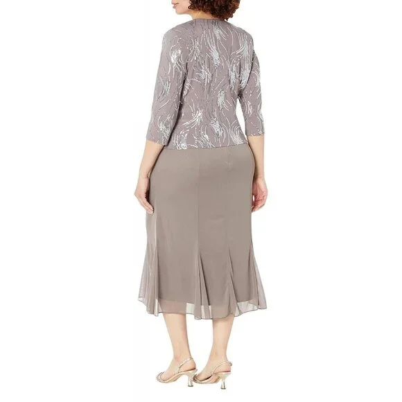 Alex Evenings Women's Tea Length Sequin Dress Pewter Brown / Frost 10 - Picture 8 of 14